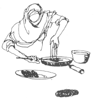 Abdallah Breshna's drawing shows an Afghan lady rolling up the threads of the 'two skewers' method...